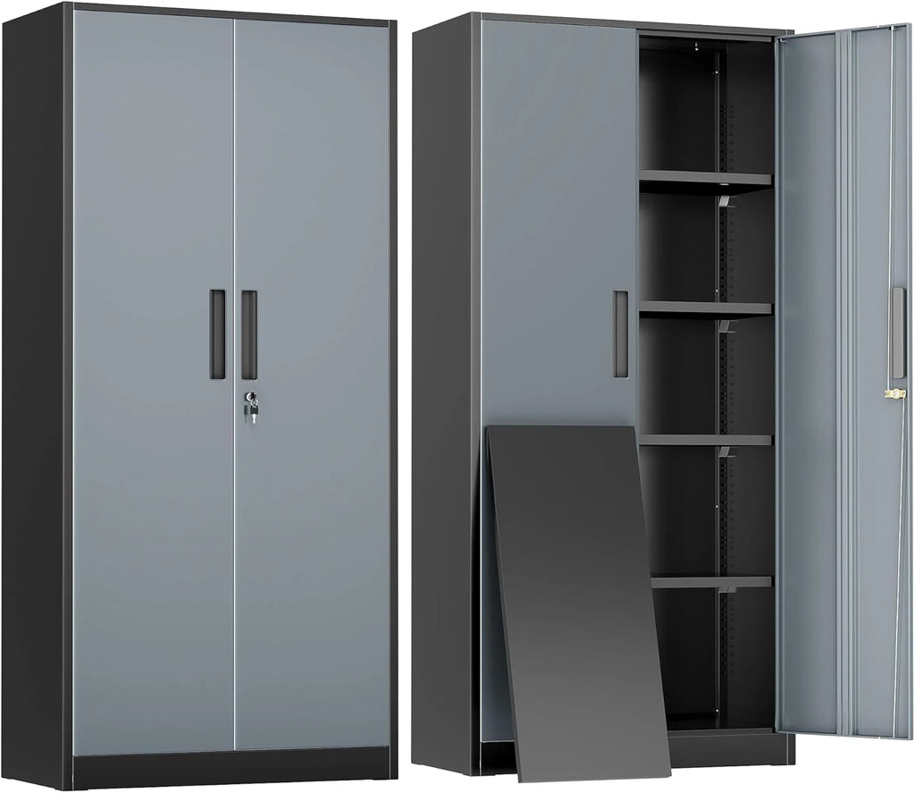 Greenvelly Metal Storage Cabinet, 72" Black Locking Metal Cabinet with 2 Doors and 4 Adjustable Shelves, Lockable Garage Storage Cabinets for Home Office, Garage, Kitchen, Living Room