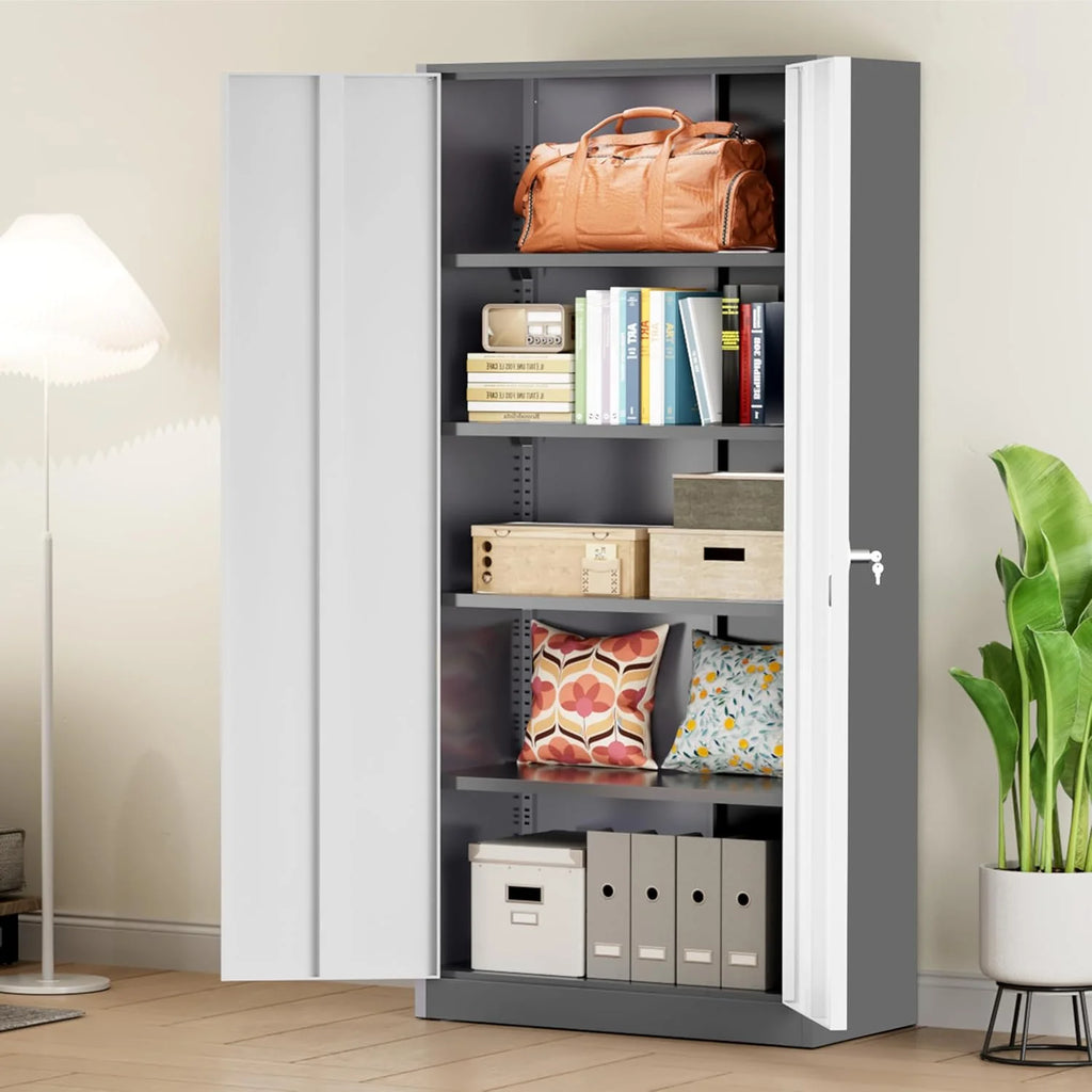 Greenvelly Metal Storage Cabinet, 72" Black Locking Metal Cabinet with 2 Doors and 4 Adjustable Shelves, Lockable Garage Storage Cabinets for Home Office, Garage, Kitchen, Living Room