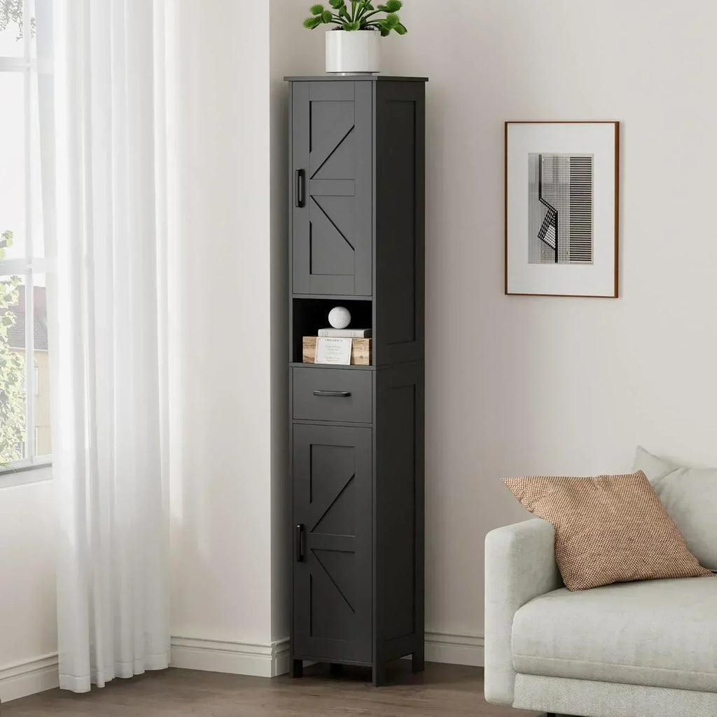 Homhedy 67" H Tall Bathroom Storage Cabinet with 2 Barn Doors and 1 Drawer Narrow Storage Unit