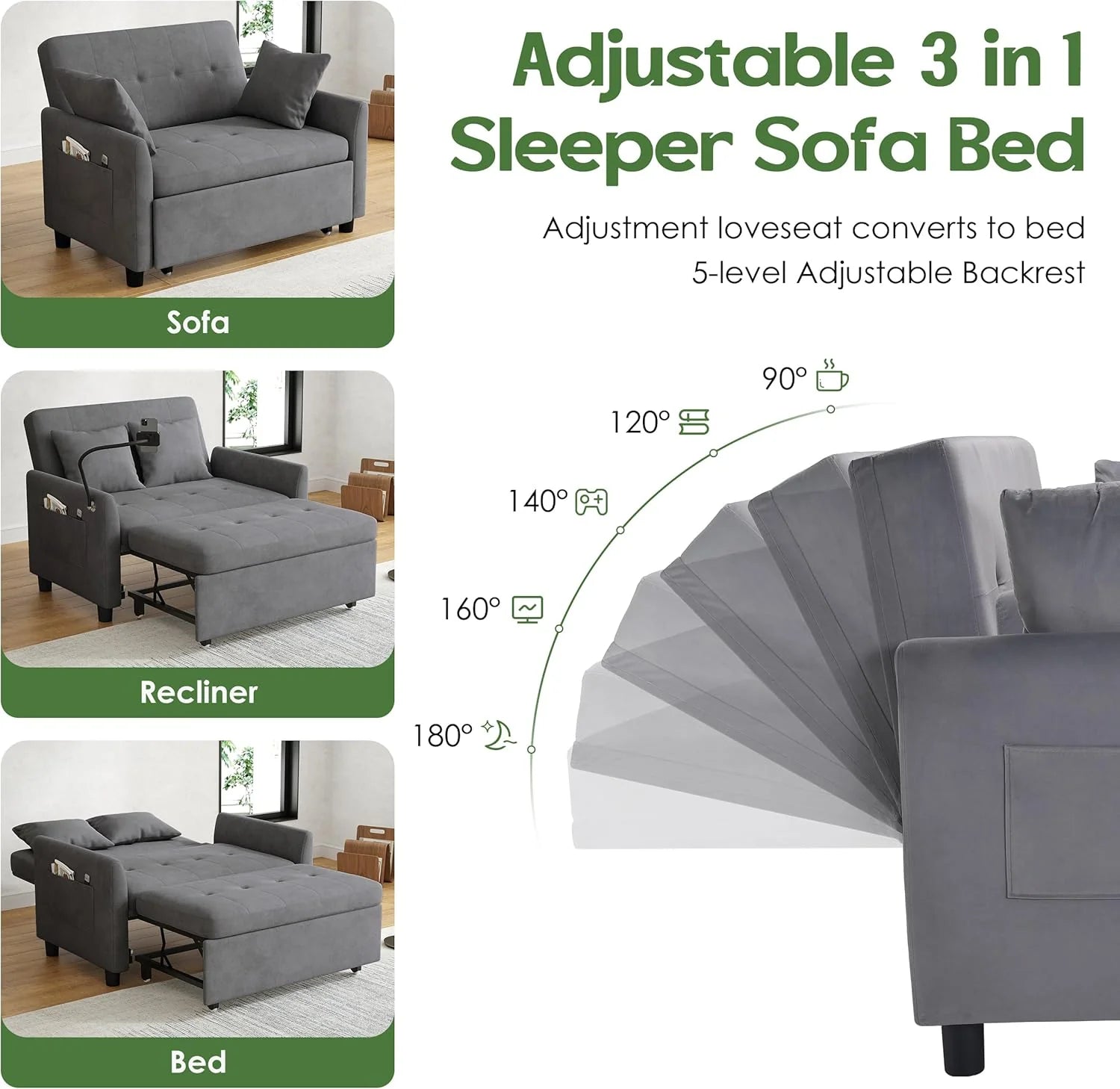 Sleeper Sofa Bed, 3 in 1 Convertible Sleeper Couch Bed Pull Out, Small Loveseat Sofa, Futon Sofa Bed Full Size, 46" Velvet Love Seat
