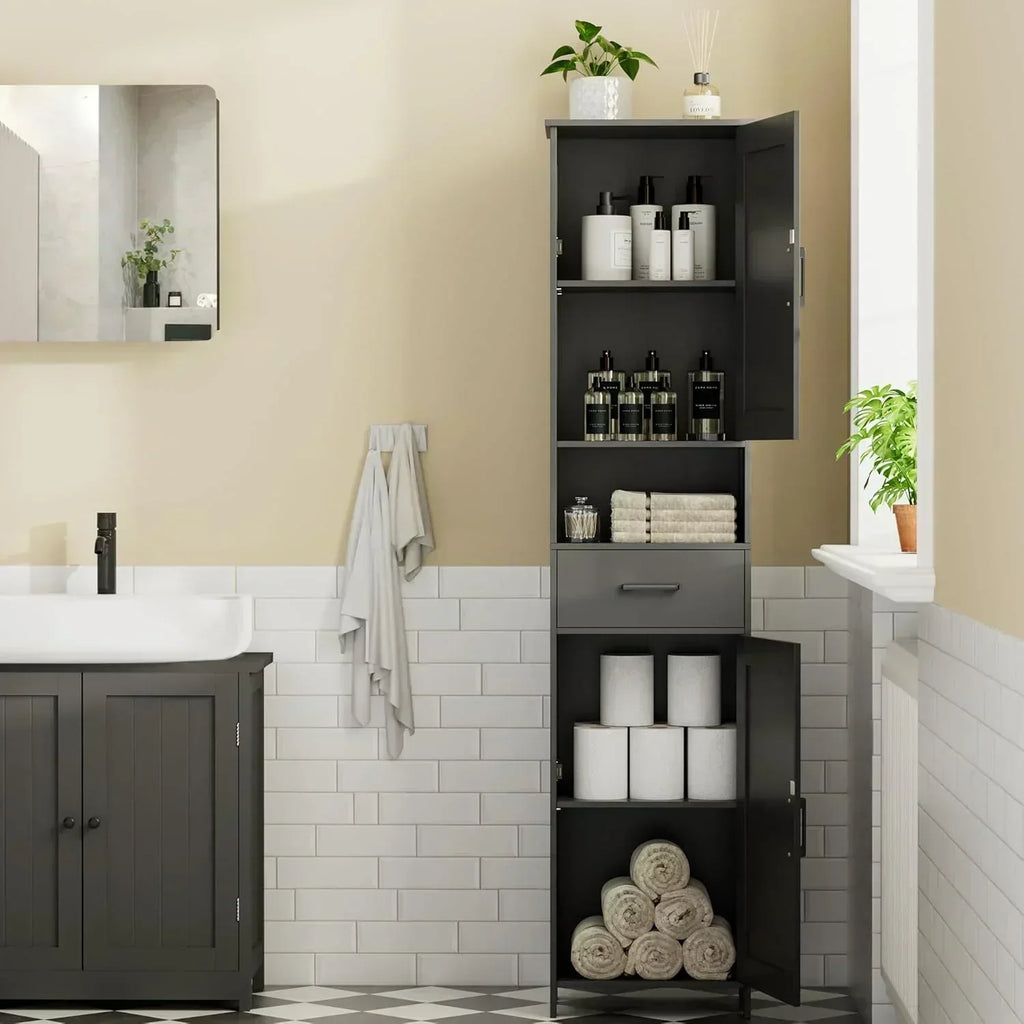 Homhedy 67" H Tall Bathroom Storage Cabinet with 2 Barn Doors and 1 Drawer Narrow Storage Unit