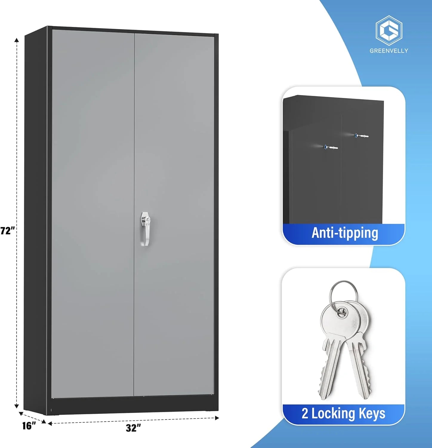 Greenvelly Metal Storage Cabinet, 72" Black Locking Metal Cabinet with 2 Doors and 4 Adjustable Shelves, Lockable Garage Storage Cabinets for Home Office, Garage, Kitchen, Living Room