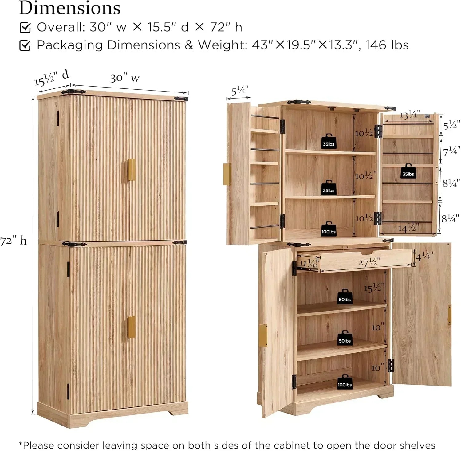 Fluted Pantry Cabinet 72" Tall Modern Storage Cabinet with 4 Doors Organizer Drawer