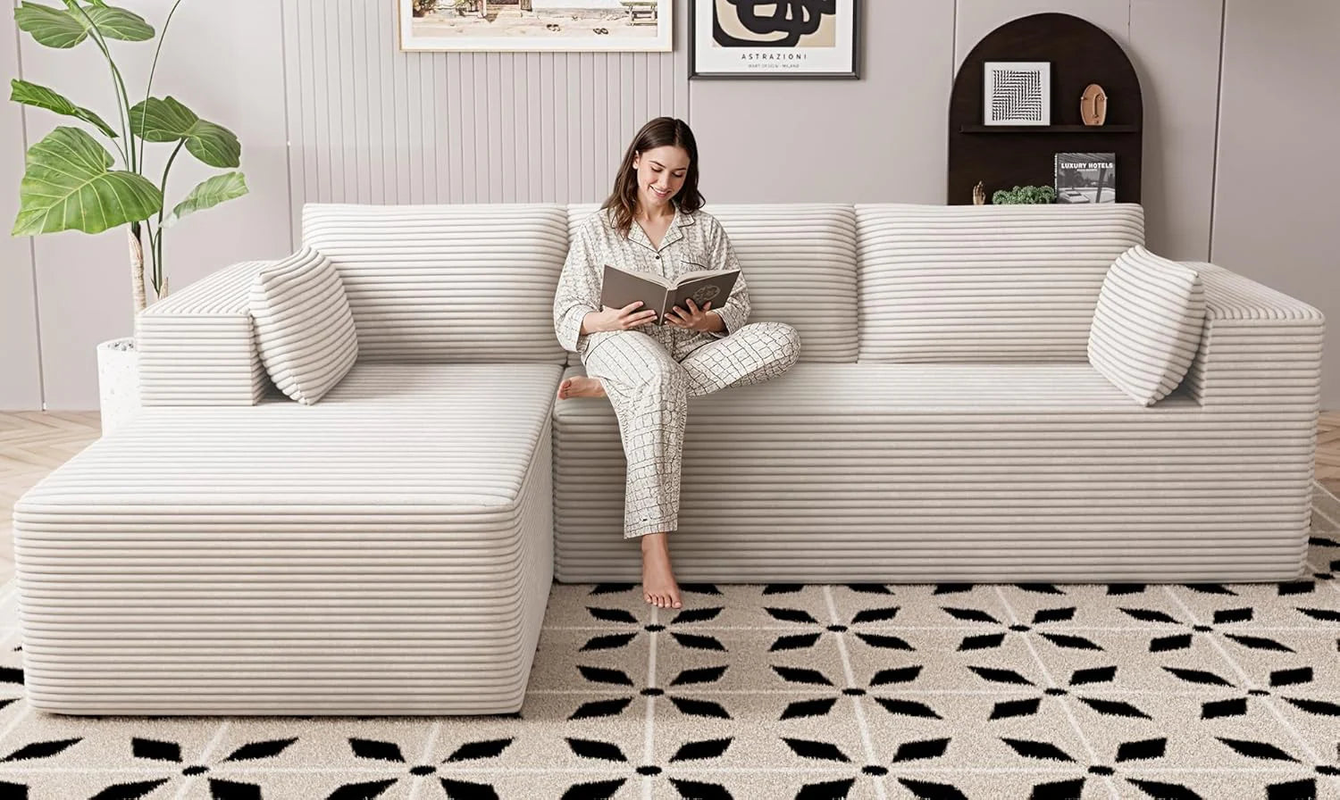 Cloud Sectional Boneless Couches for Living Room, Modular L Shaped Couch with Deep Seat Oversized Right Facing Chaise, Memory Foam Compressed Spineless 3 Seater Sofa for Apartment, Black | No Assembly Required, Deep Seat, Cat-Claw Resistant, High-Res