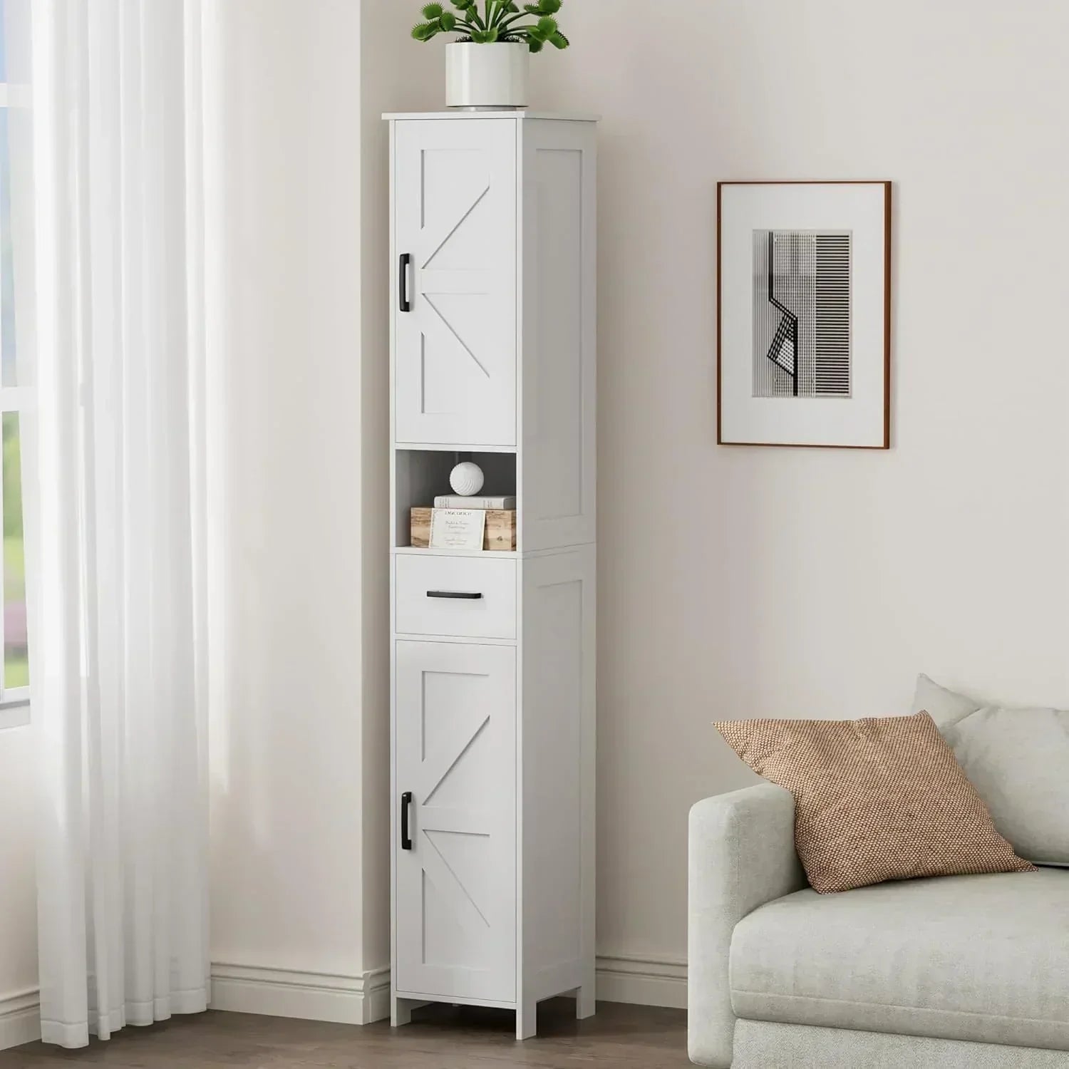 Homhedy 67" H Tall Bathroom Storage Cabinet with 2 Barn Doors and 1 Drawer Narrow Storage Unit