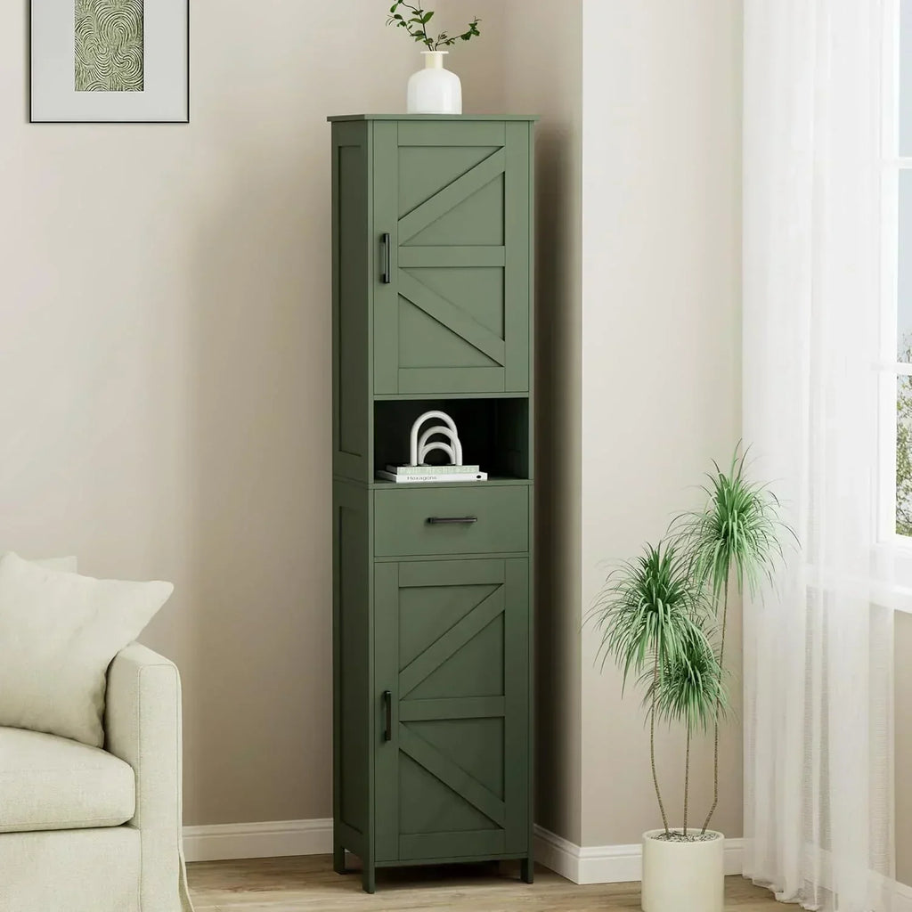 Homhedy 67" H Tall Bathroom Storage Cabinet with 2 Barn Doors and 1 Drawer Narrow Storage Unit