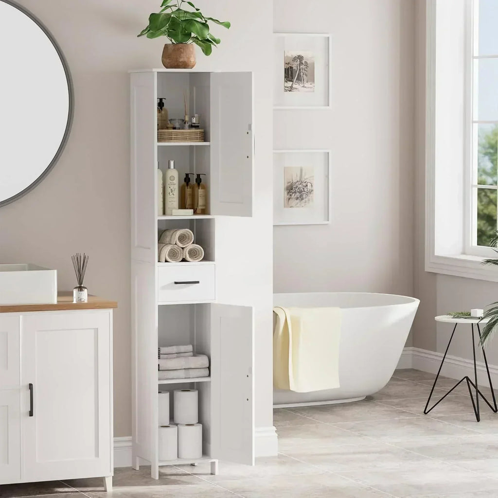 Homhedy 67" H Tall Bathroom Storage Cabinet with 2 Barn Doors and 1 Drawer Narrow Storage Unit