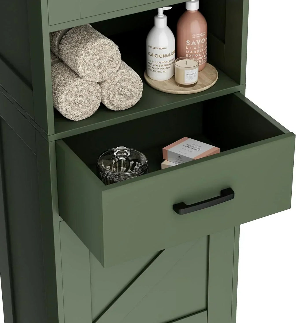 Homhedy 67" H Tall Bathroom Storage Cabinet with 2 Barn Doors and 1 Drawer Narrow Storage Unit