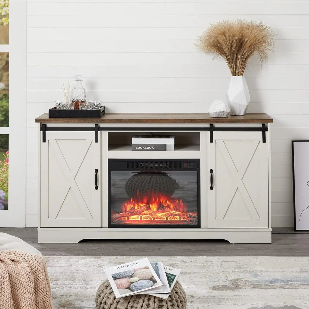 AMERLIFE Fireplace TV Stand with Sliding Barn Door for TVs up to 73", Farmhouse 63" Fireplace Entertainment Center with Storage Cabinets/Adjustable Shelves