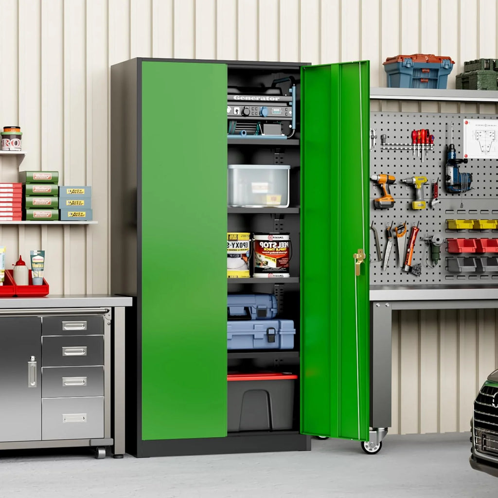 Greenvelly Metal Storage Cabinet, 72" Black Locking Metal Cabinet with 2 Doors and 4 Adjustable Shelves, Lockable Garage Storage Cabinets for Home Office, Garage, Kitchen, Living Room