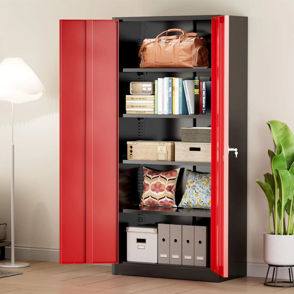 Greenvelly Metal Storage Cabinet, 72" Black Locking Metal Cabinet with 2 Doors and 4 Adjustable Shelves, Lockable Garage Storage Cabinets for Home Office, Garage, Kitchen, Living Room
